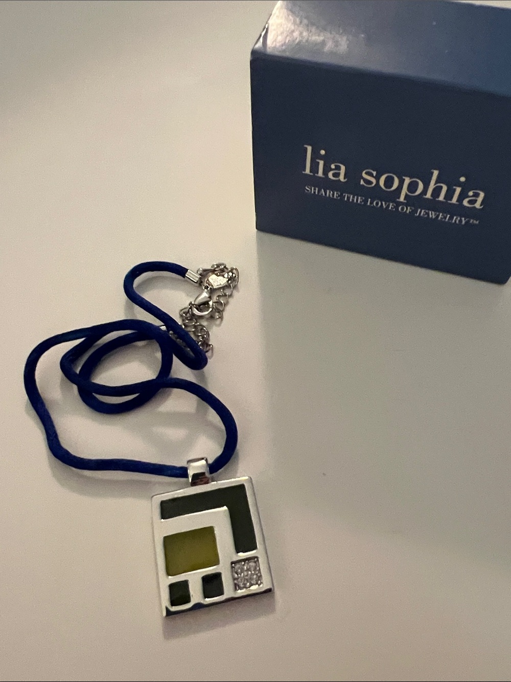 Vintage Lia Sophia Blue Cord Necklace with Green Geometric Pendant - 9.5”